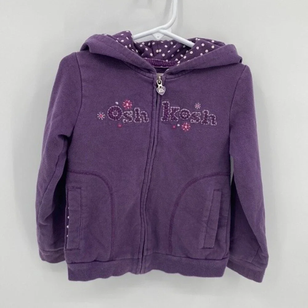 Oshkosh Girls Purple Full Zip Hoodie Sweatshirt size 4 Cozy Floral Polka Dot